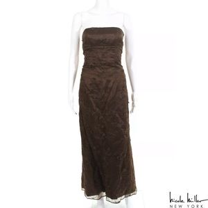 NICOLE MILLER Brown Floral Appliqué Silk Strapless